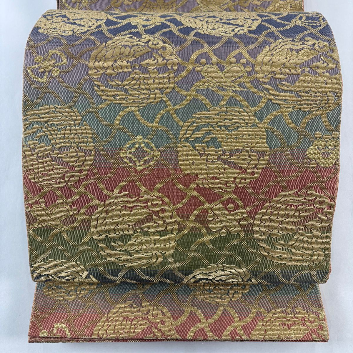 袋帶 名品級 輪奈織 鈴乃屋 向鳥 寶盡 金絲 金金箔 灰紫 全通 純蠶絲