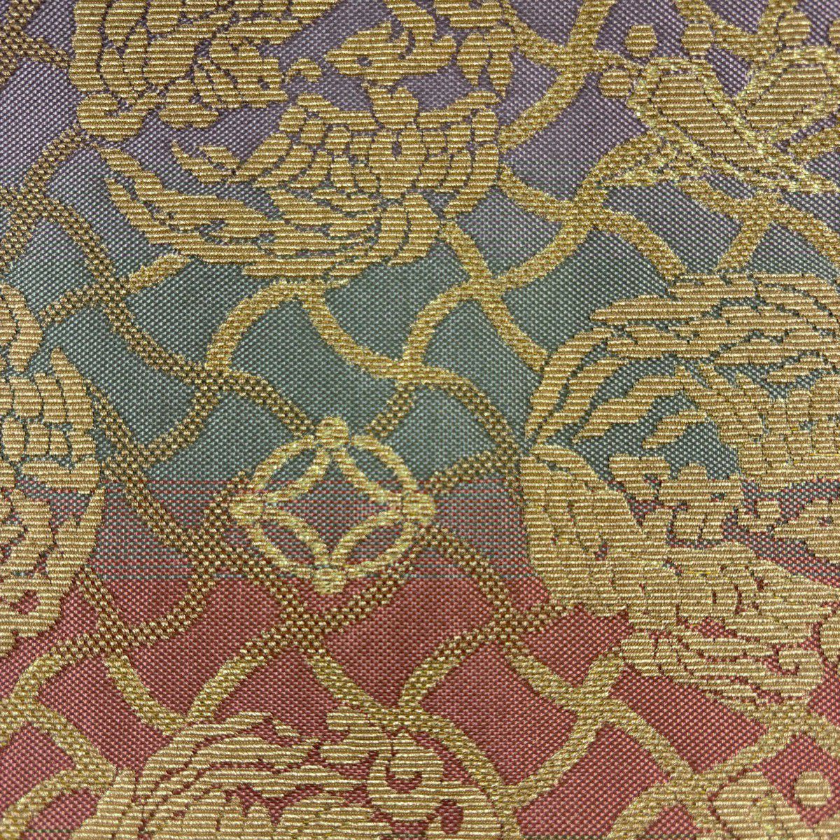 袋帶 名品級 輪奈織 鈴乃屋 向鳥 寶盡 金絲 金金箔 灰紫 全通 純蠶絲