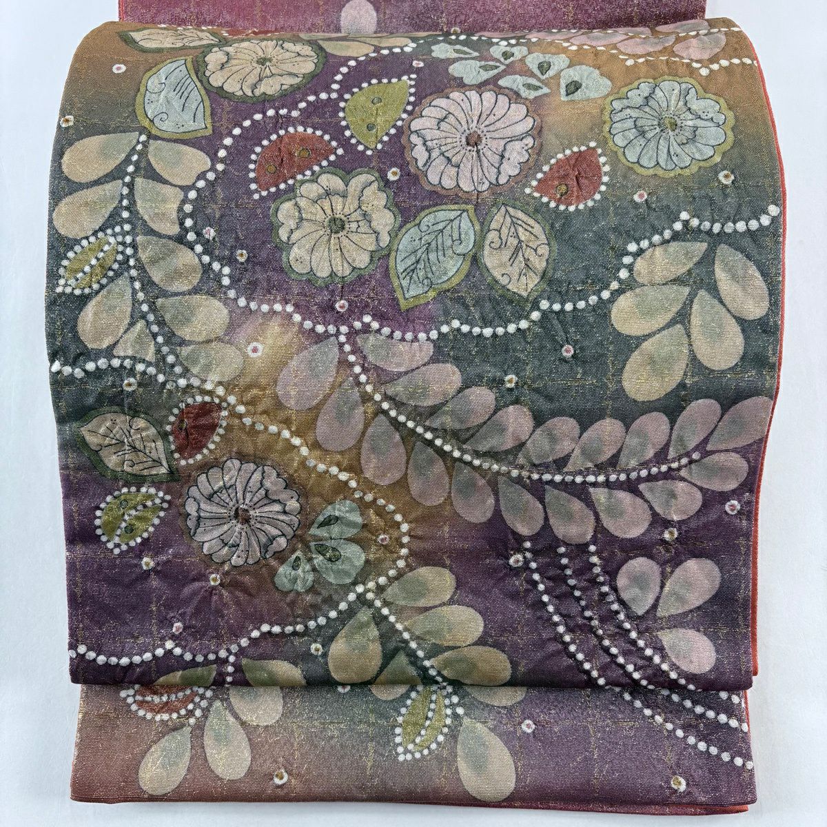 【美品】 袋帶 名品級 落款あり 辻花染 金絲 金金箔 紅紫 お太鼓圖案 純蠶絲