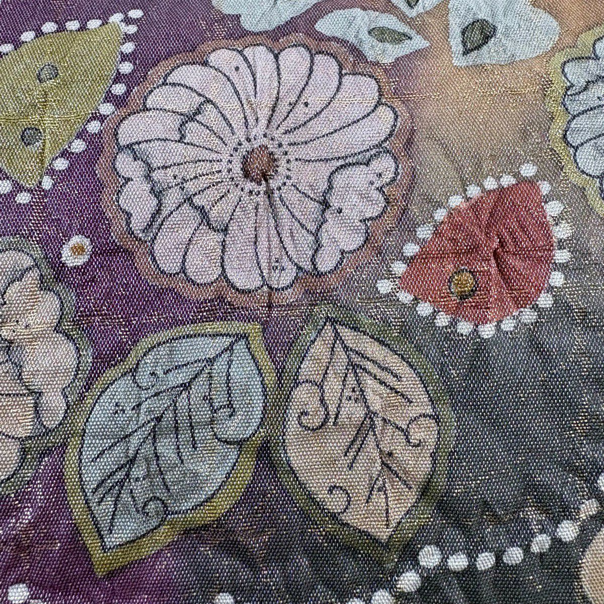 【美品】 袋帶 名品級 落款あり 辻花染 金絲 金金箔 紅紫 お太鼓圖案 純蠶絲