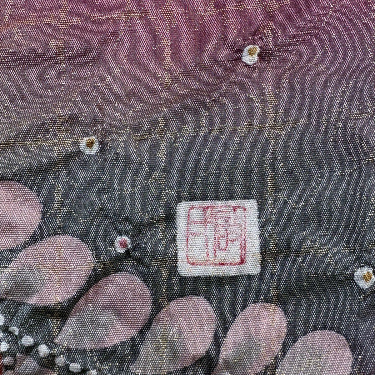 【美品】 袋帶 名品級 落款あり 辻花染 金絲 金金箔 紅紫 お太鼓圖案 純蠶絲
