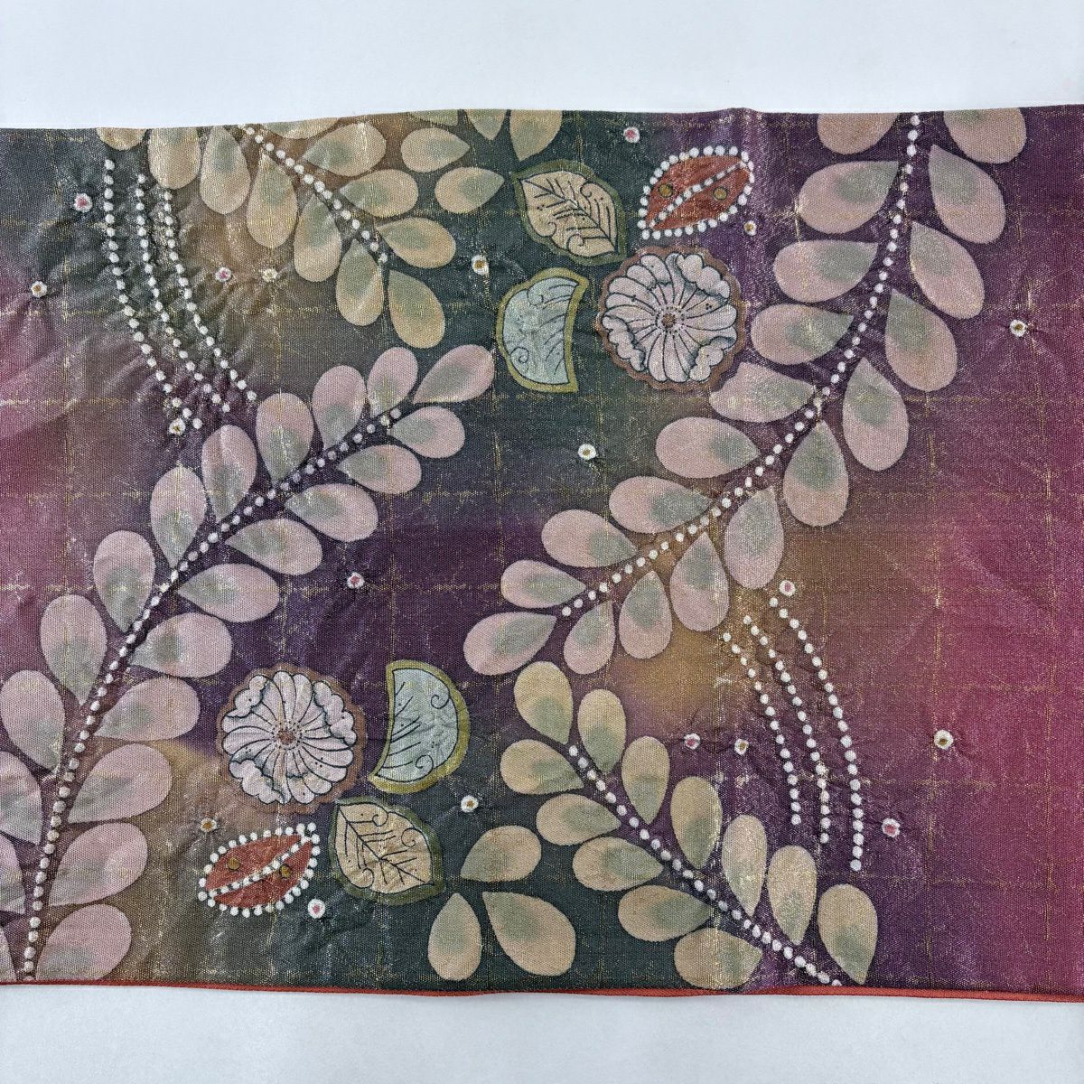 【美品】 袋帶 名品級 落款あり 辻花染 金絲 金金箔 紅紫 お太鼓圖案 純蠶絲