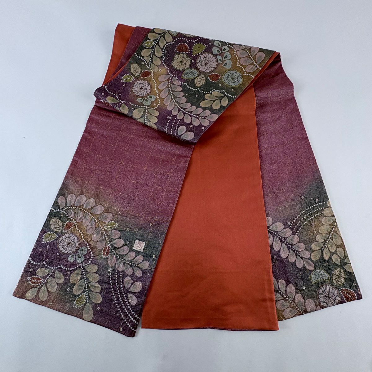 【美品】 袋帶 名品級 落款あり 辻花染 金絲 金金箔 紅紫 お太鼓圖案 純蠶絲