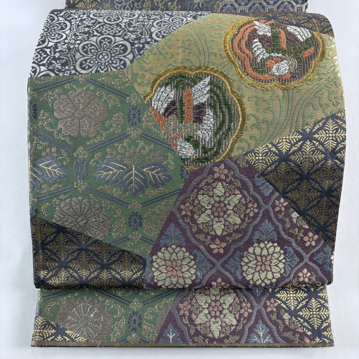 【美品】 袋帶 名品級 鳥花 金糸 金金箔 灰綠 六通 純蠶絲