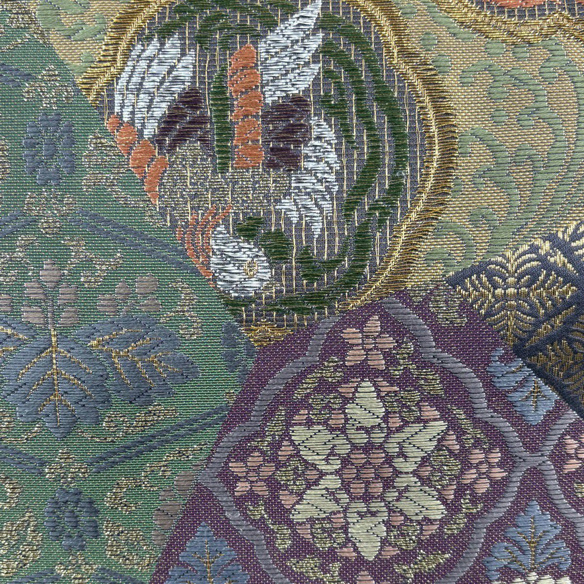 【美品】 袋帶 名品級 鳥花 金糸 金金箔 灰綠 六通 純蠶絲