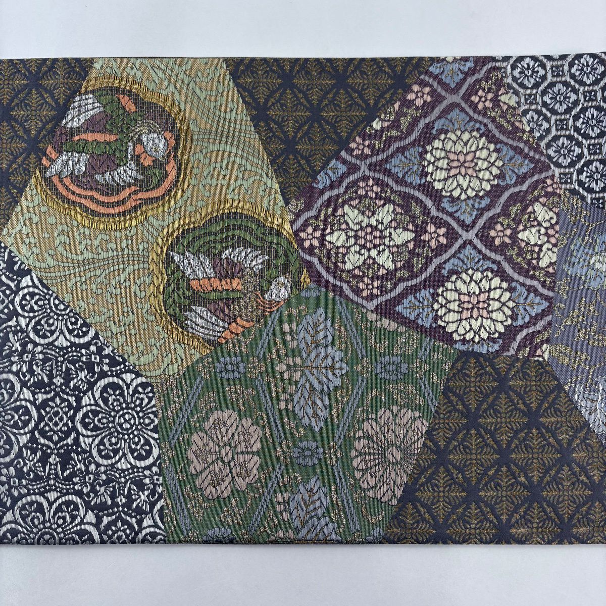 【美品】 袋帶 名品級 鳥花 金糸 金金箔 灰綠 六通 純蠶絲