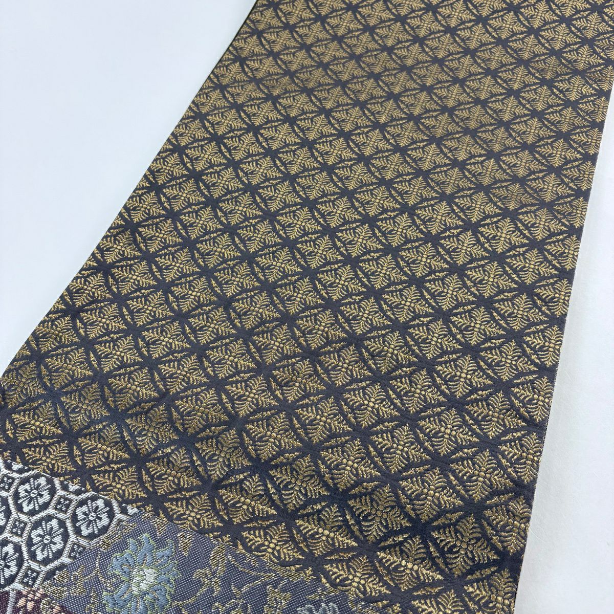 【美品】 袋帶 名品級 鳥花 金糸 金金箔 灰綠 六通 純蠶絲