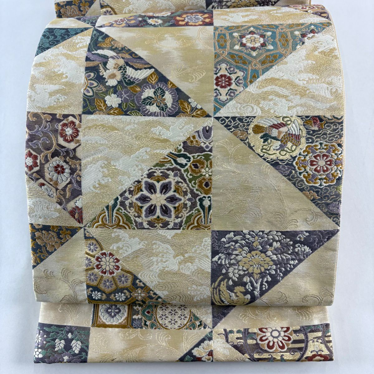 【美品】 袋帶 名品級 江戶時代 鳥 華紋 金絲 金金箔 米色 六通 純蠶絲