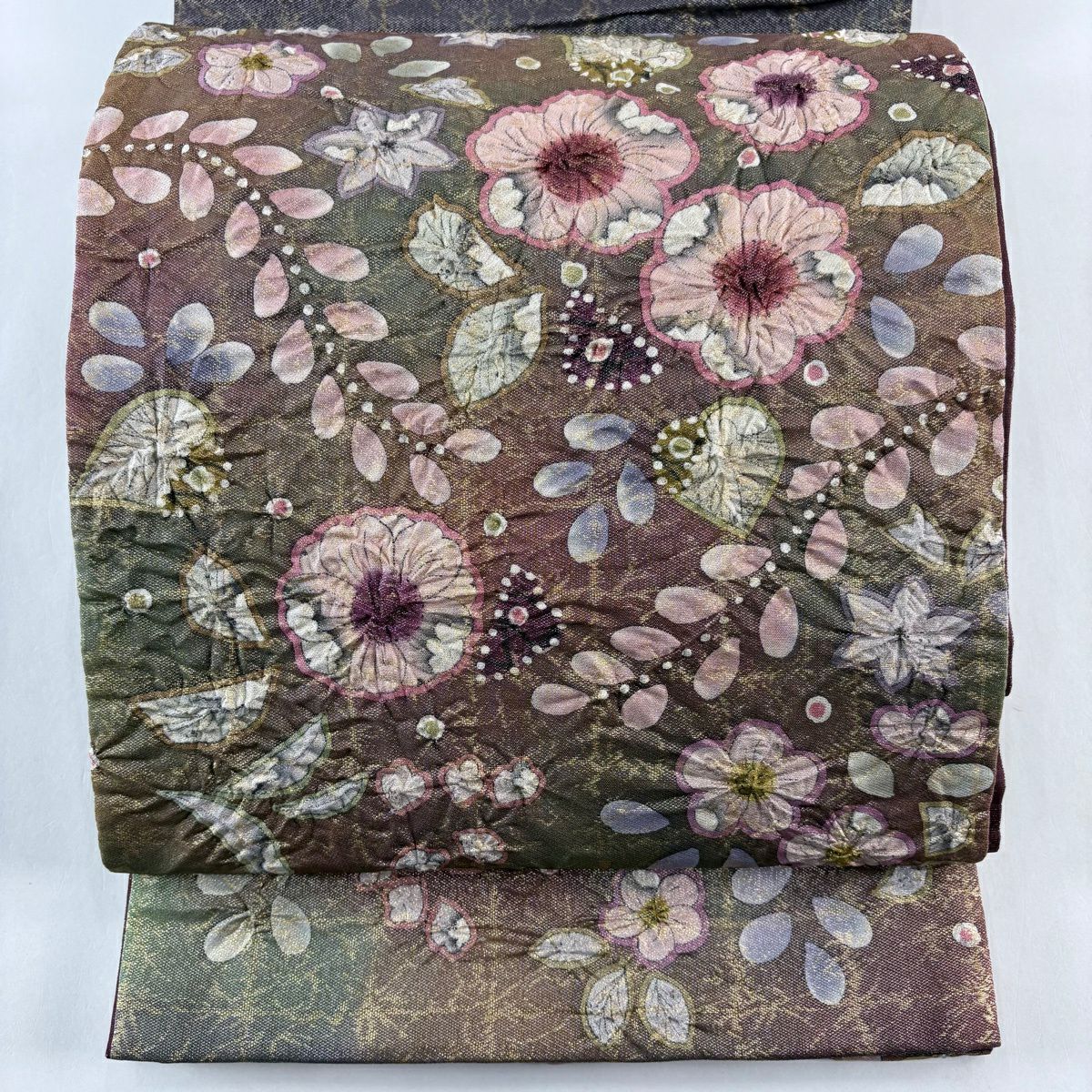 【美品】 袋帶 名品級 落款あり 辻花染 金絲 金金箔 紅紫 お太鼓柄 純蠶絲