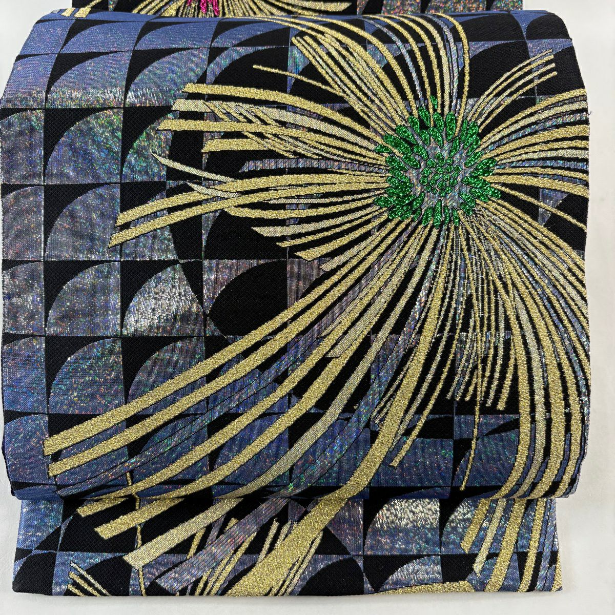 【美品】 袋帶 名品級 花 格子 金金箔 紫 六通 純蠶絲