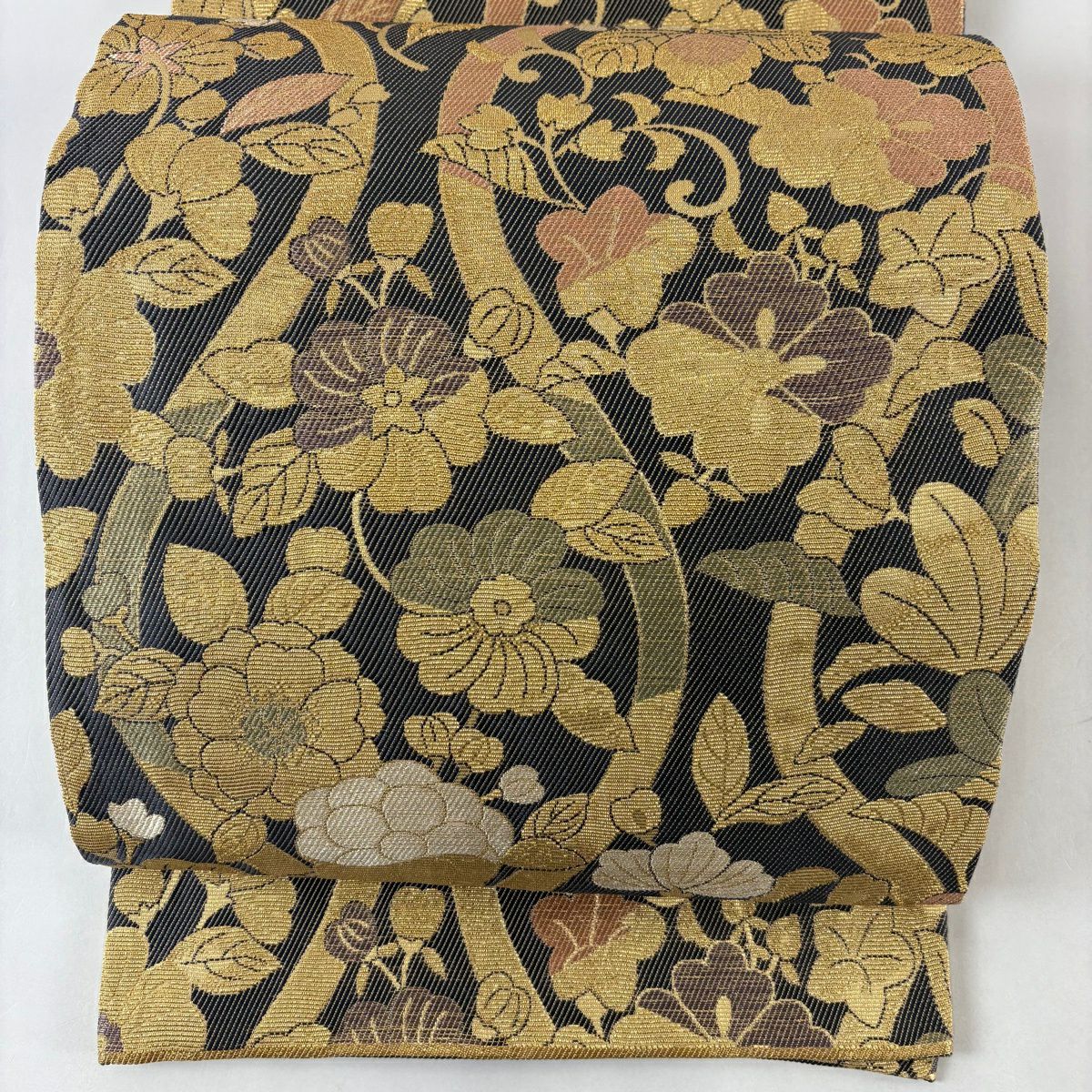 【美品】 袋帶 名品級 辻花染圖案 立涌 金絲 金金箔 金色 六通 純蠶絲
