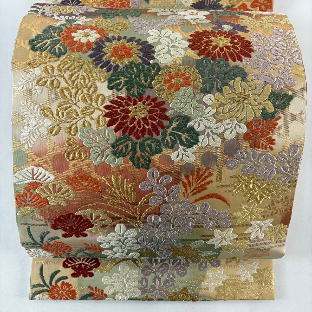 【美品】 袋帶 名品級 秋草 籠目 金絲 金金箔 淺茶 六通 純蠶絲