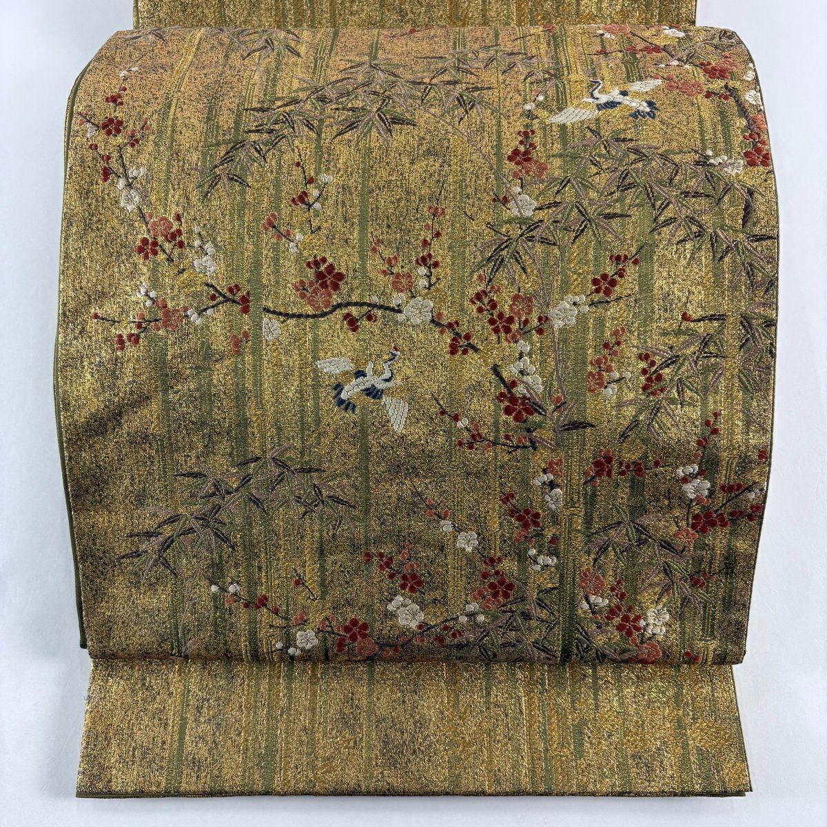 袋帶 名品級 加納幸 落款 仙鶴 枝梅花 金絲 金金箔 金色 大鼓圖案 純蠶絲