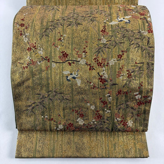 袋帶 名品級 加納幸 落款 仙鶴 枝梅花 金絲 金金箔 金色 大鼓圖案 純蠶絲