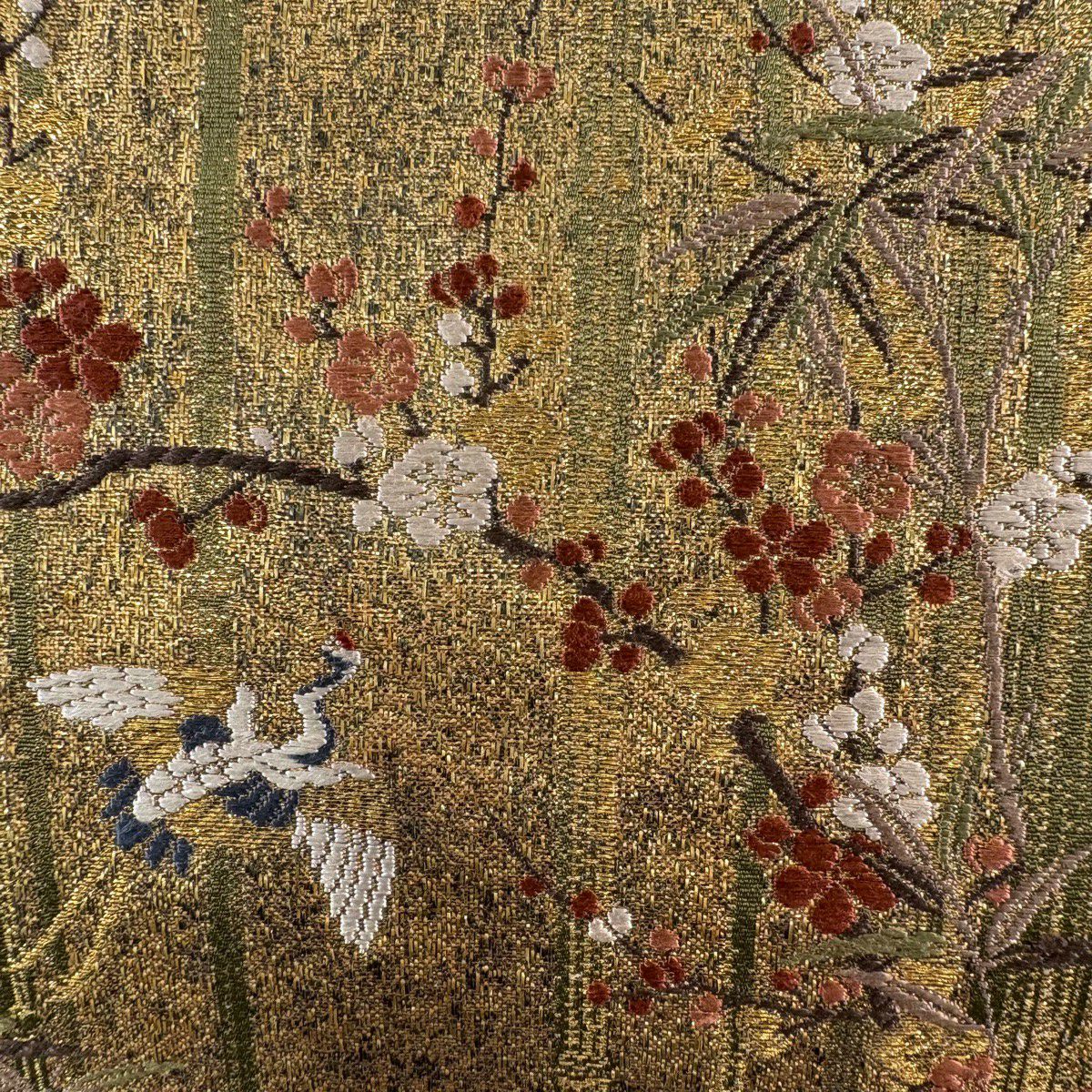 袋帶 名品級 加納幸 落款 仙鶴 枝梅花 金絲 金金箔 金色 大鼓圖案 純蠶絲