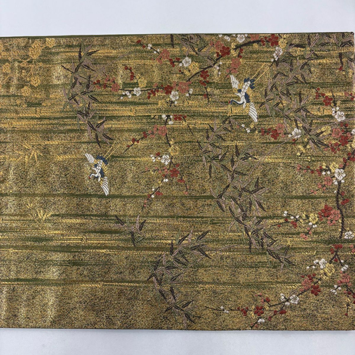 袋帶 名品級 加納幸 落款 仙鶴 枝梅花 金絲 金金箔 金色 大鼓圖案 純蠶絲