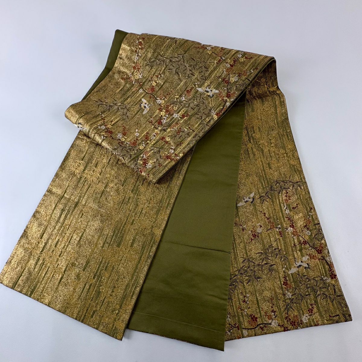 袋帶 名品級 加納幸 落款 仙鶴 枝梅花 金絲 金金箔 金色 大鼓圖案 純蠶絲