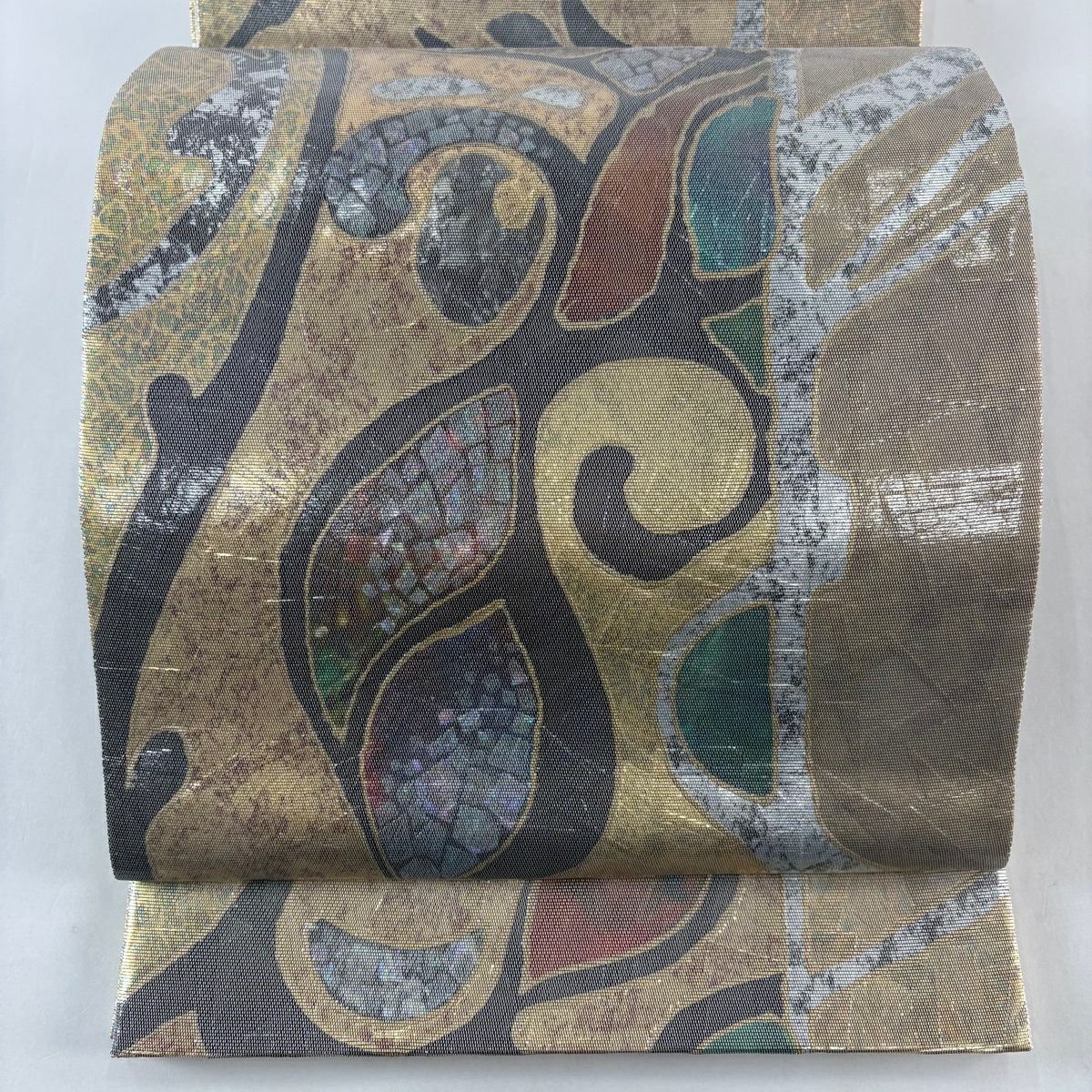 【美品】 袋帶 名品級 唐草紋 幾何圖案 螺鈿金金箔 金色 大鼓圖案 純蠶絲