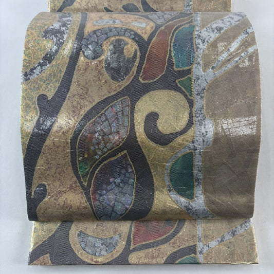 【美品】 袋帶 名品級 唐草紋 幾何圖案 螺鈿金金箔 金色 大鼓圖案 純蠶絲