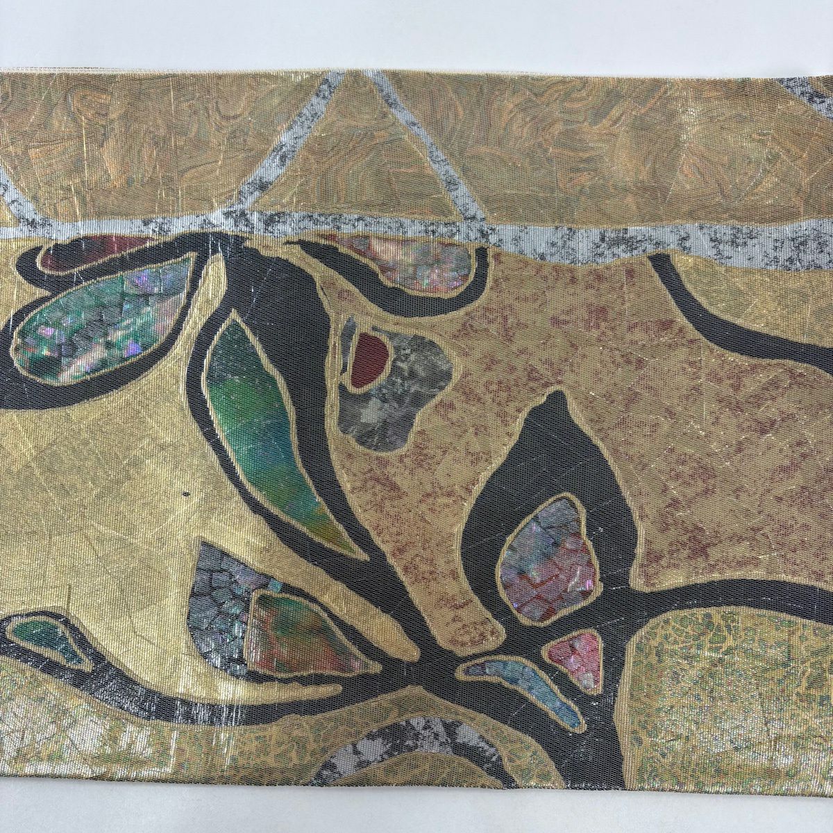【美品】 袋帶 名品級 唐草紋 幾何圖案 螺鈿金金箔 金色 大鼓圖案 純蠶絲