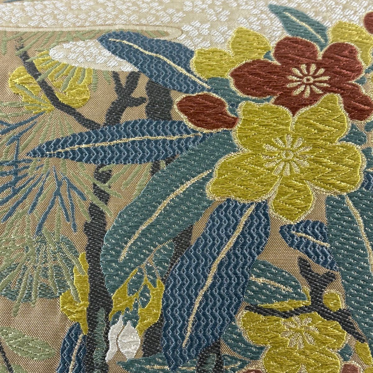 袋帶 名品級 草花紋紋 霞 唐織 金絲 茶 六通 純蠶絲