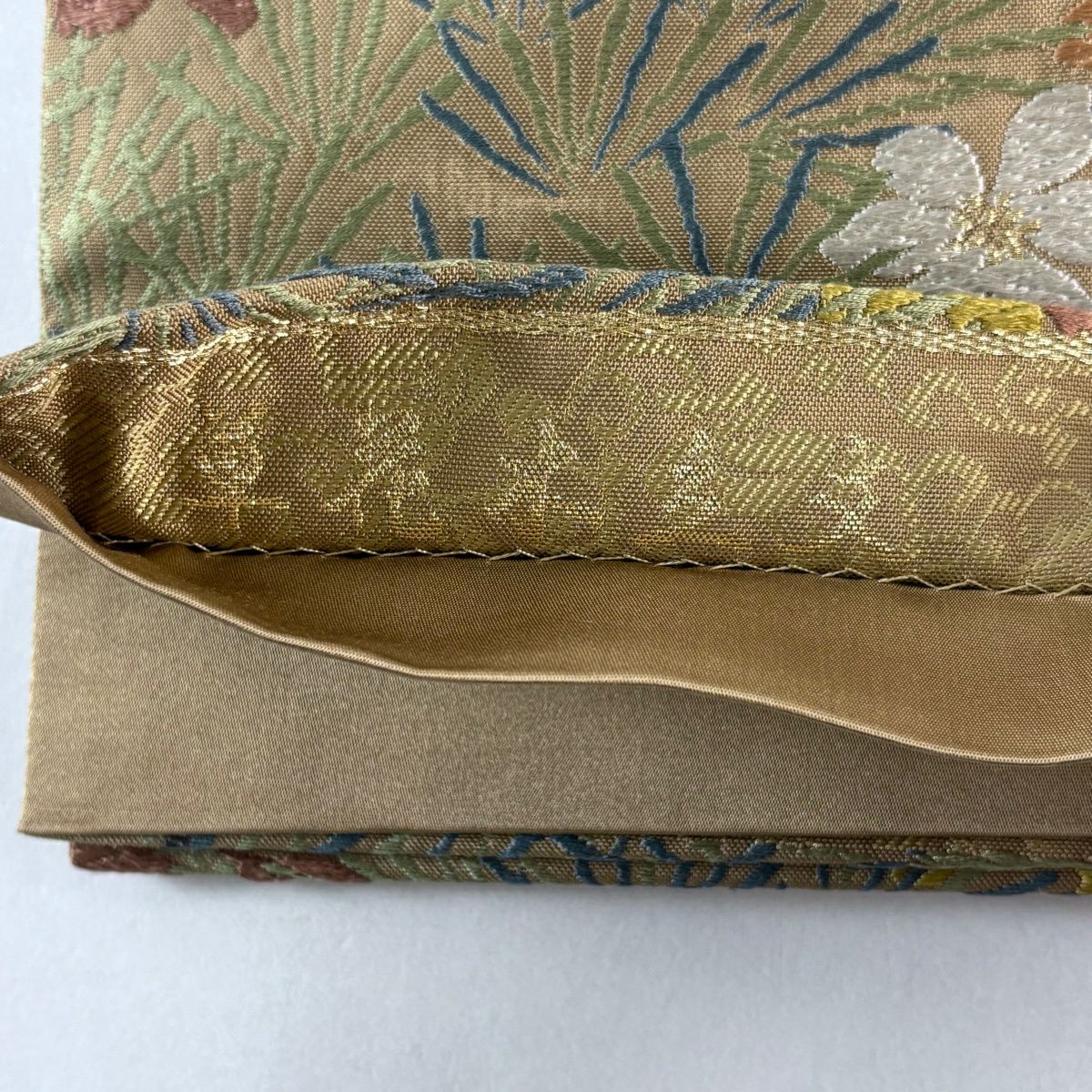 袋帶 名品級 草花紋紋 霞 唐織 金絲 茶 六通 純蠶絲