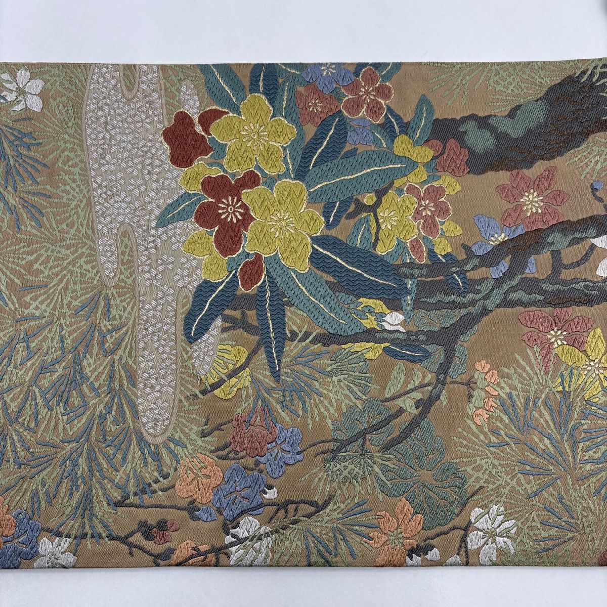 袋帶 名品級 草花紋紋 霞 唐織 金絲 茶 六通 純蠶絲