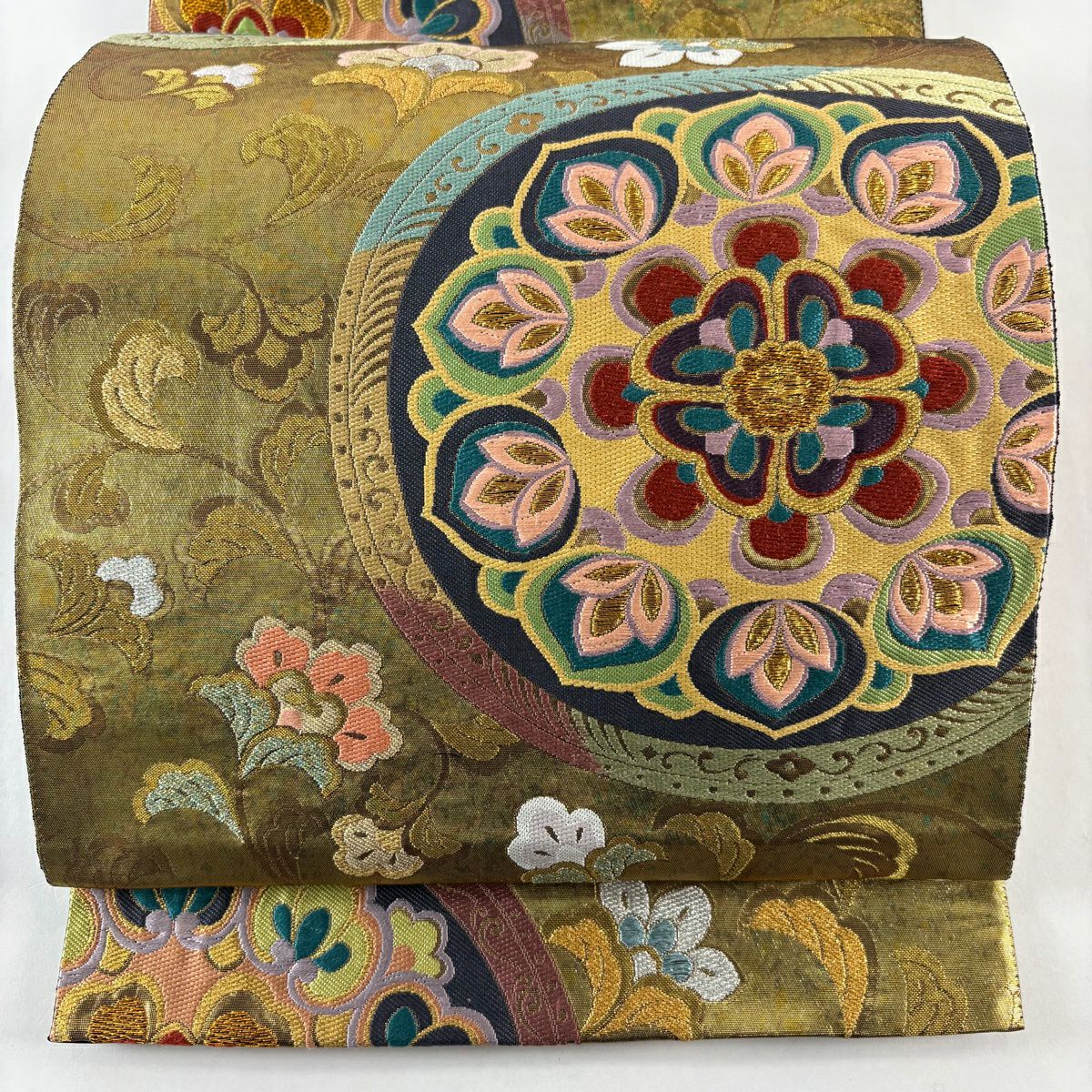 袋帶 名品級 華紋 草花紋刺繡 金銀彩 金色 六通 純蠶絲