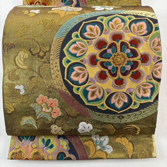 袋帶 名品級 華紋 草花紋刺繡 金銀彩 金色 六通 純蠶絲