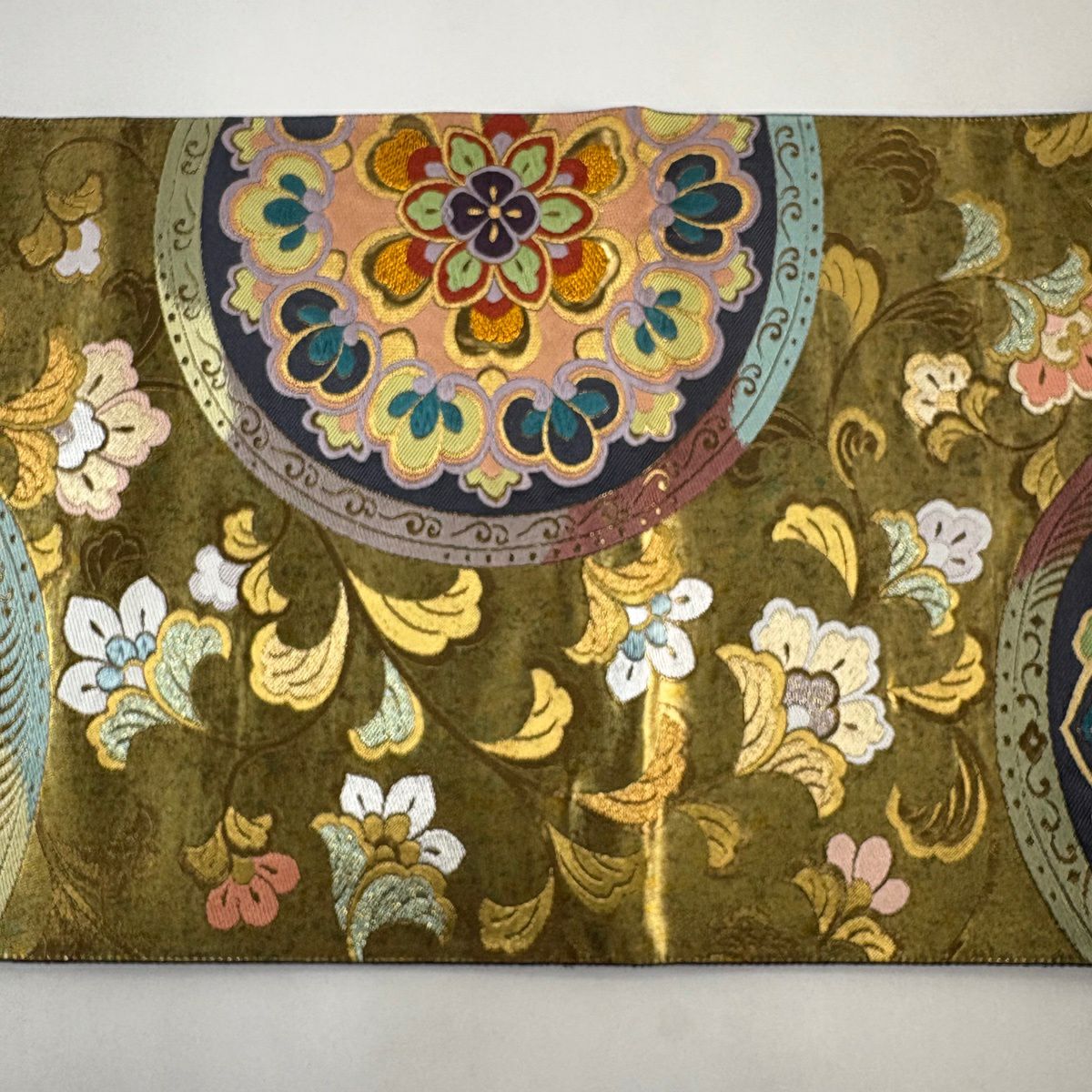 袋帶 名品級 華紋 草花紋刺繡 金銀彩 金色 六通 純蠶絲