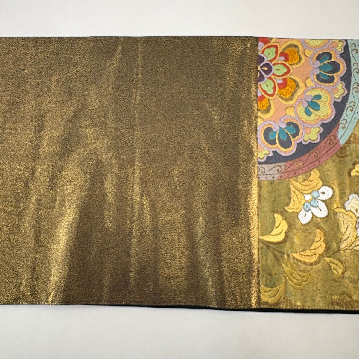 袋帶 名品級 華紋 草花紋刺繡 金銀彩 金色 六通 純蠶絲