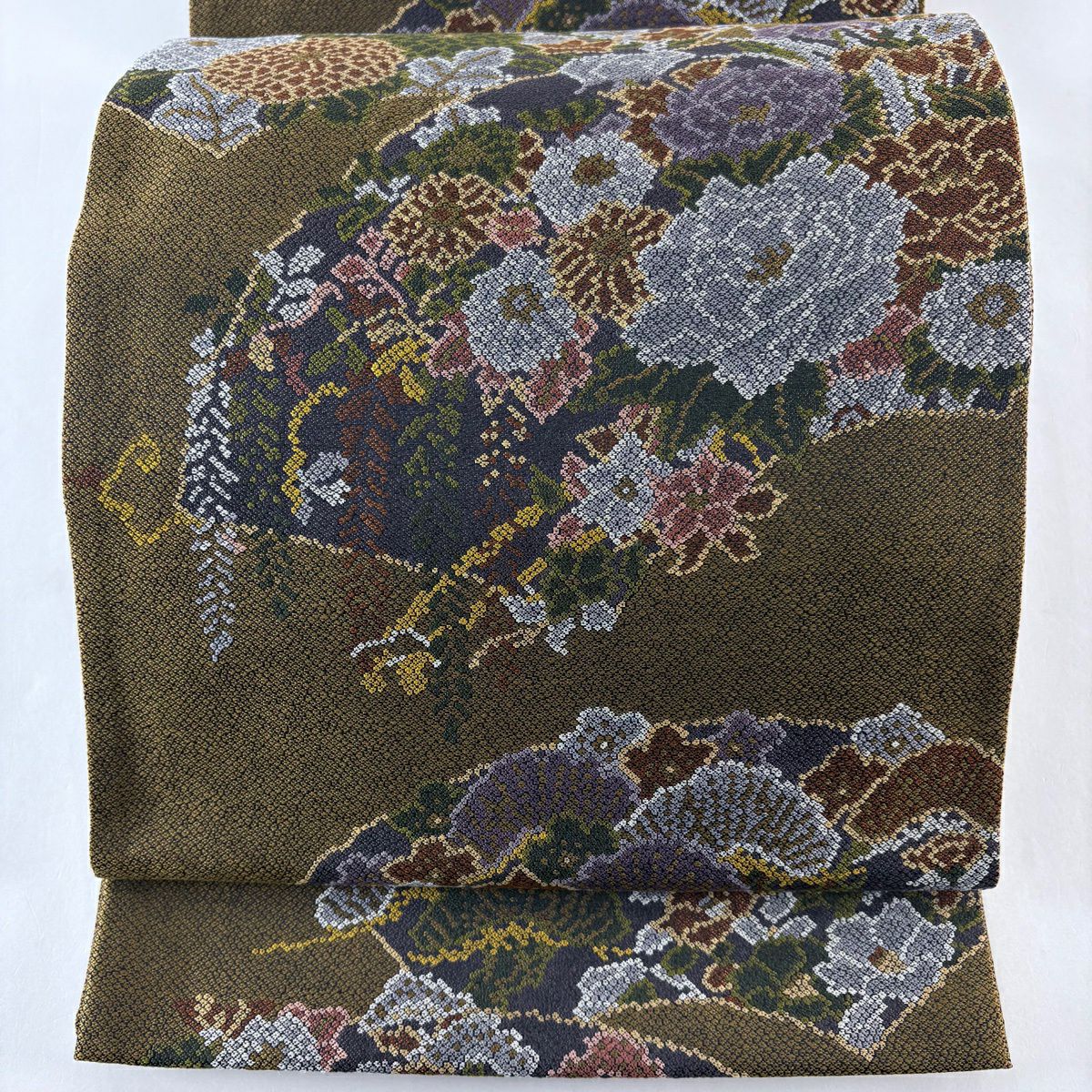 【美品】 袋帶 名品級 扇子面 草花紋 黃土色 六通 純蠶絲