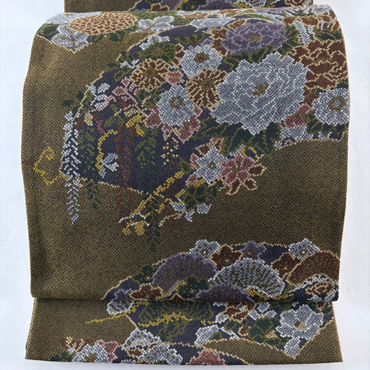 【美品】 袋帶 名品級 扇子面 草花紋 黃土色 六通 純蠶絲