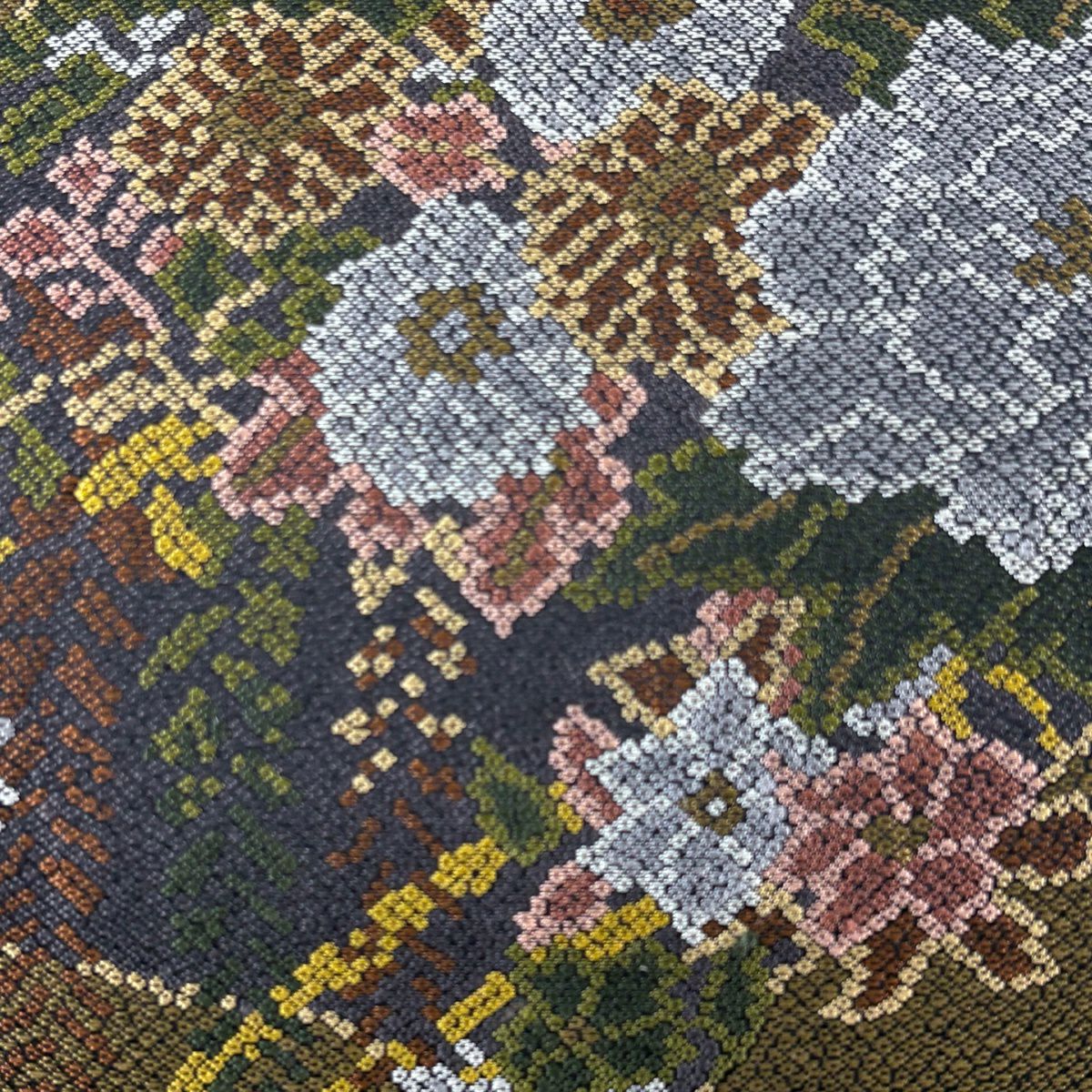 【美品】 袋帶 名品級 扇子面 草花紋 黃土色 六通 純蠶絲
