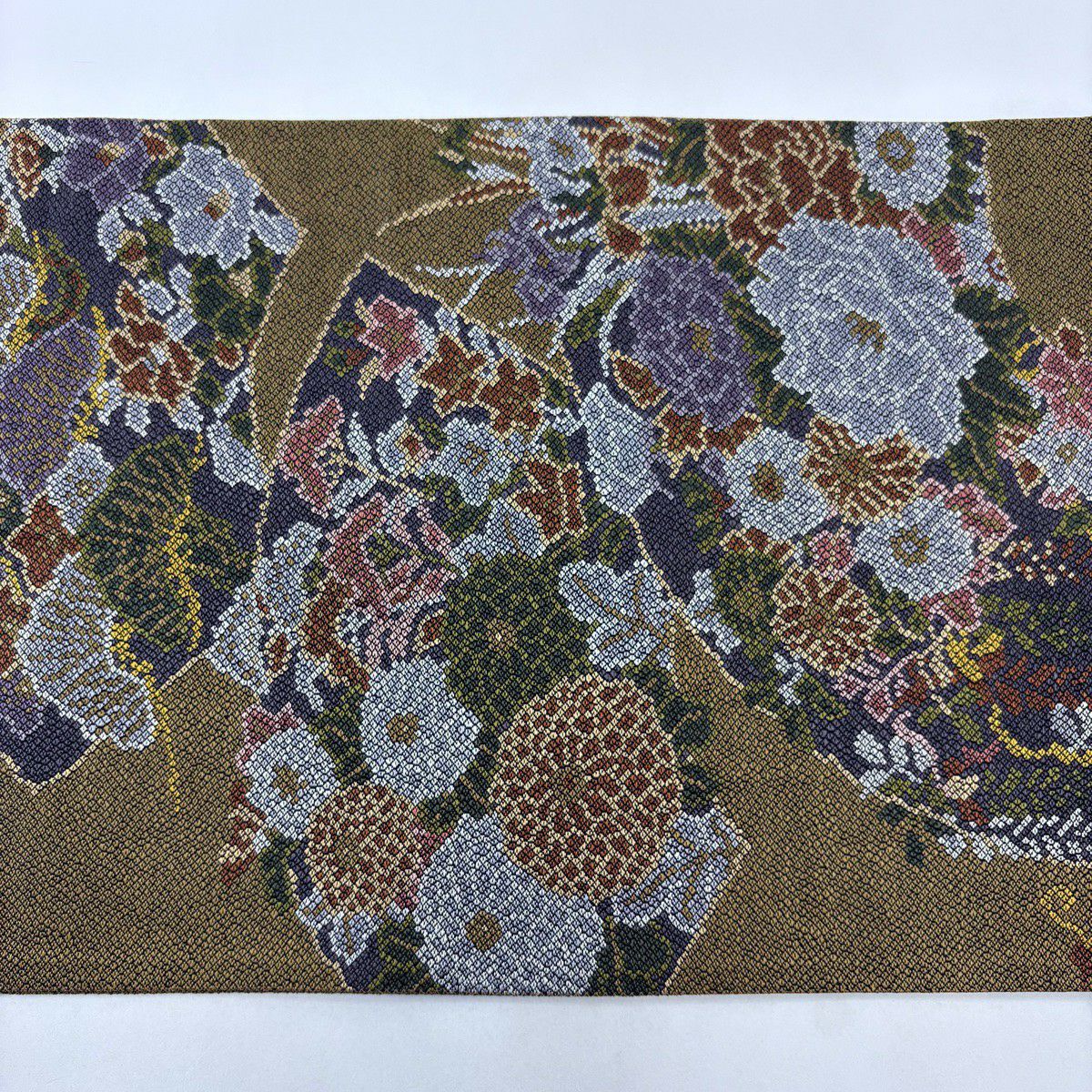 【美品】 袋帶 名品級 扇子面 草花紋 黃土色 六通 純蠶絲