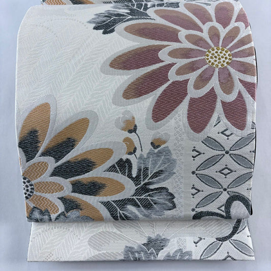 【美品】 袋帶 名品級 大和 菊花花 銀線 金金箔 奶油 六通 純蠶絲