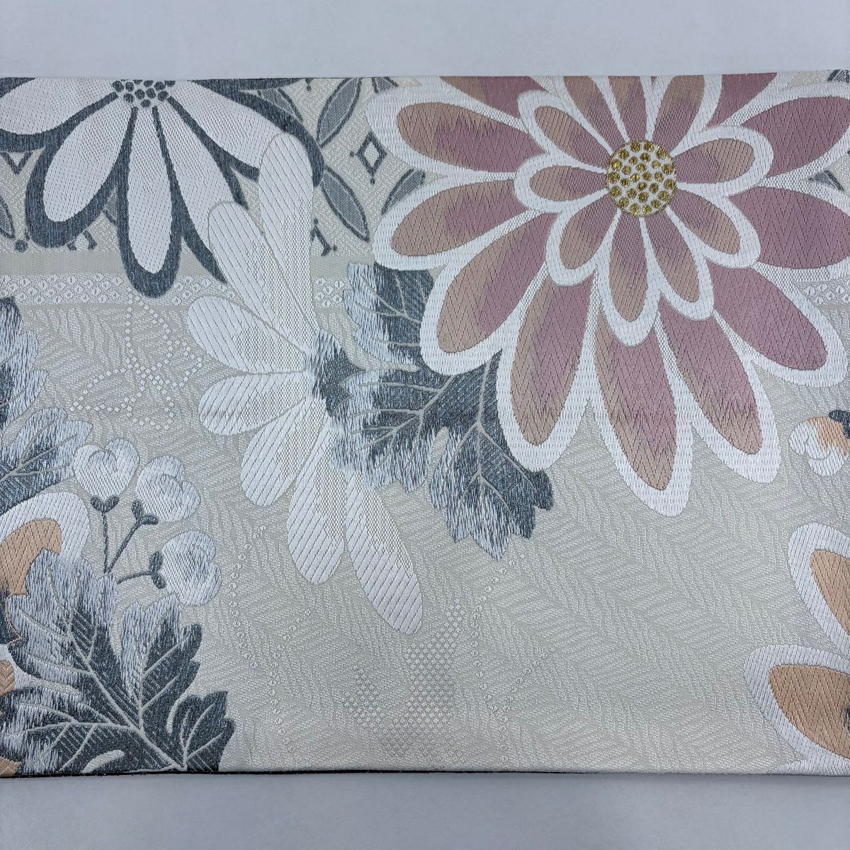 【美品】 袋帶 名品級 大和 菊花花 銀線 金金箔 奶油 六通 純蠶絲