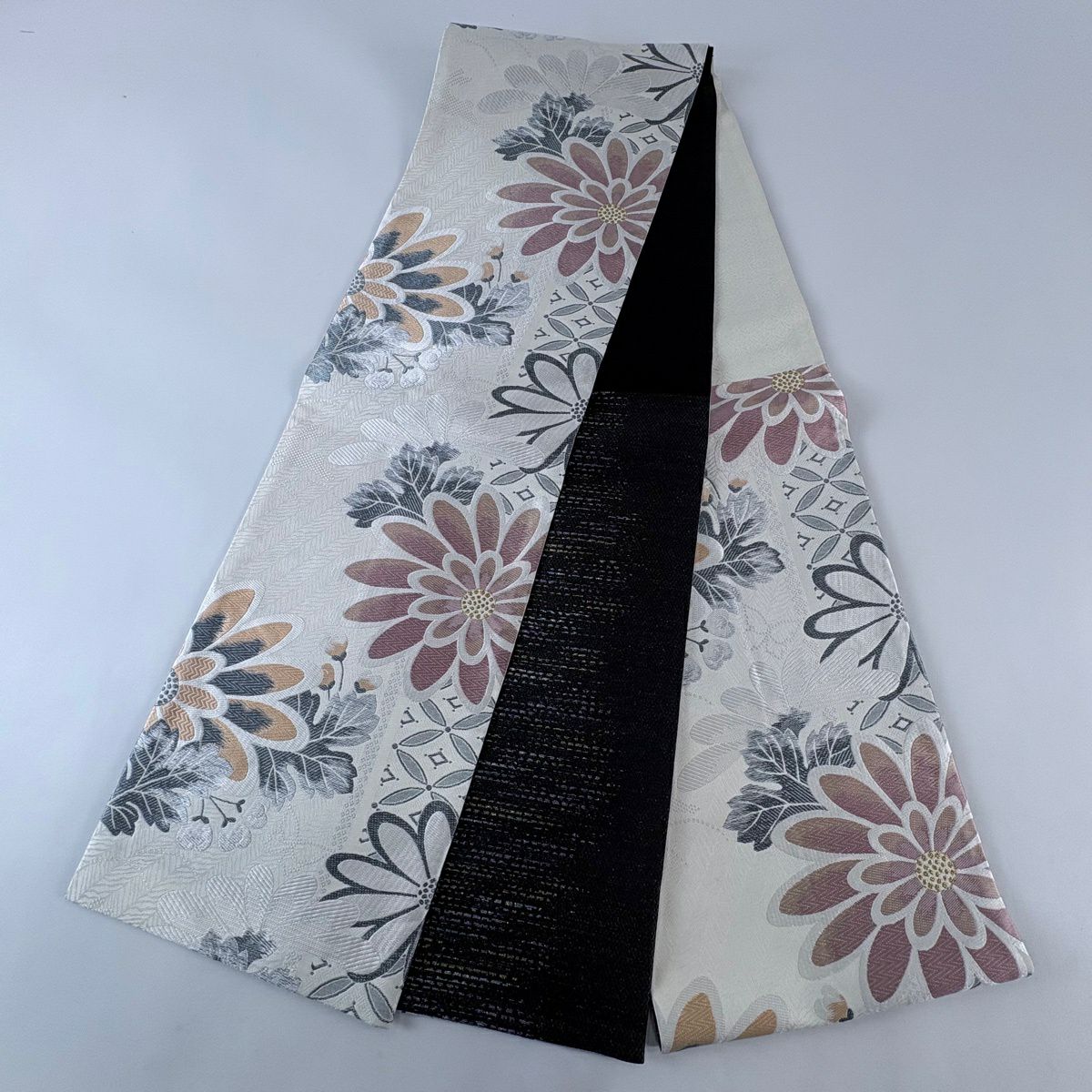 【美品】 袋帶 名品級 大和 菊花花 銀線 金金箔 奶油 六通 純蠶絲