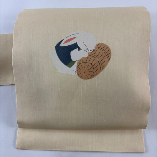 【美品】名古屋帶 名品級 兔子 樽 薄黃 純蠶絲