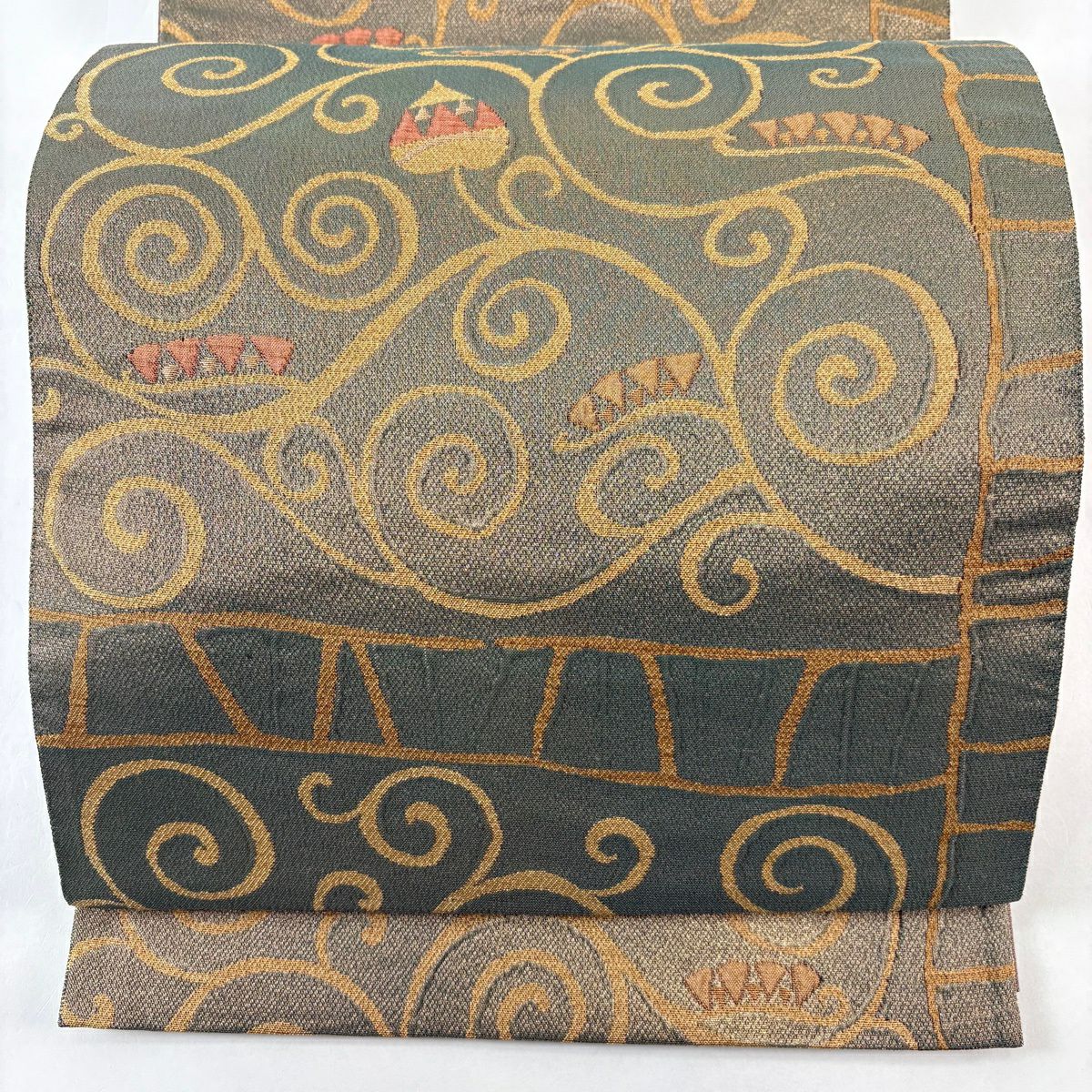 【美品】 袋帶 名品級 花唐草紋 幾何圖案 金絲 茶綠 六通 純蠶絲