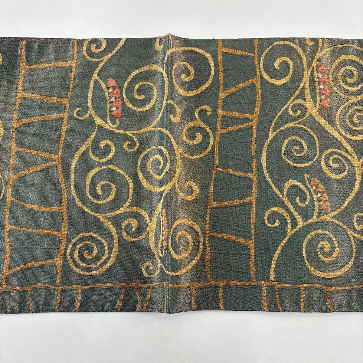 【美品】 袋帶 名品級 花唐草紋 幾何圖案 金絲 茶綠 六通 純蠶絲