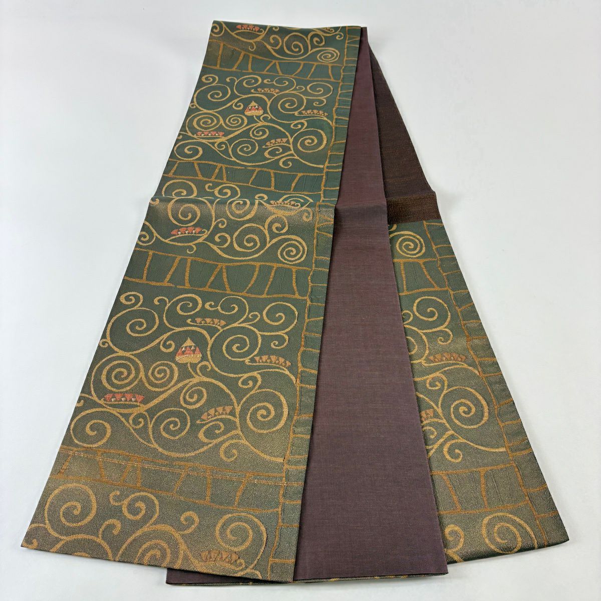 【美品】 袋帶 名品級 花唐草紋 幾何圖案 金絲 茶綠 六通 純蠶絲
