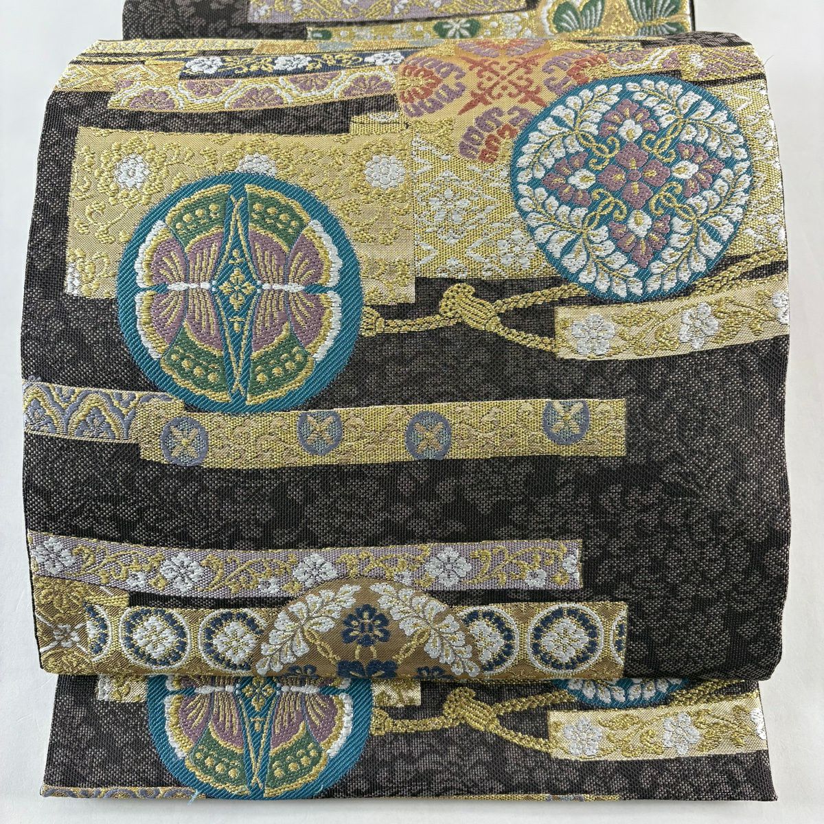 【美品】 袋帶 名品級 蝶 草花紋刺繡 金線 茶紫 六通 純蠶絲