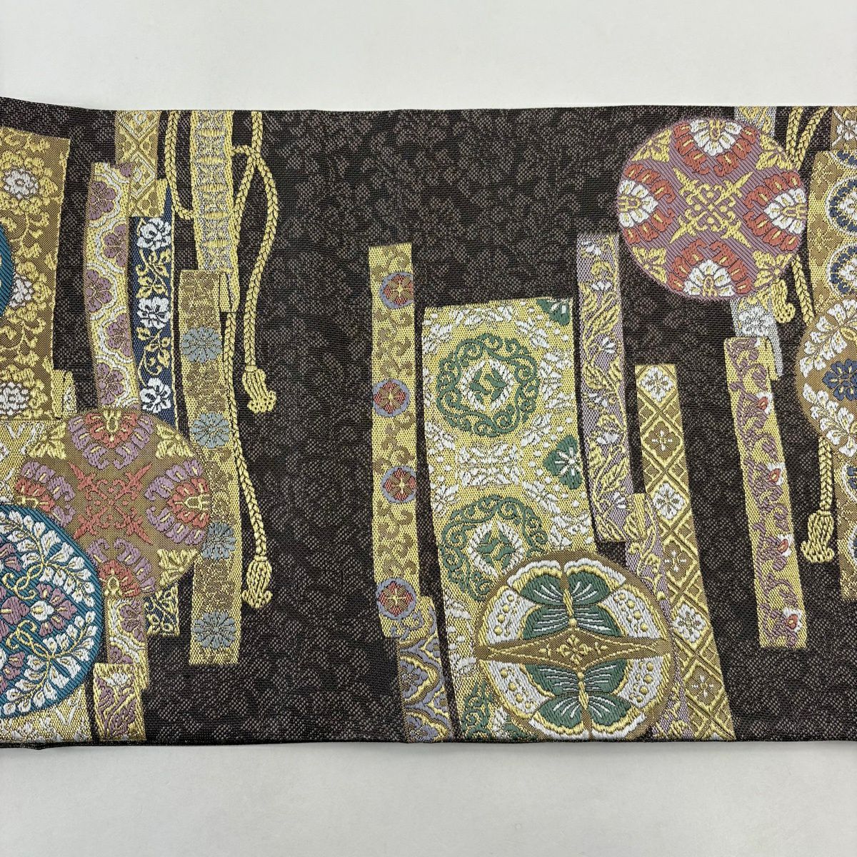 【美品】 袋帶 名品級 蝶 草花紋刺繡 金線 茶紫 六通 純蠶絲