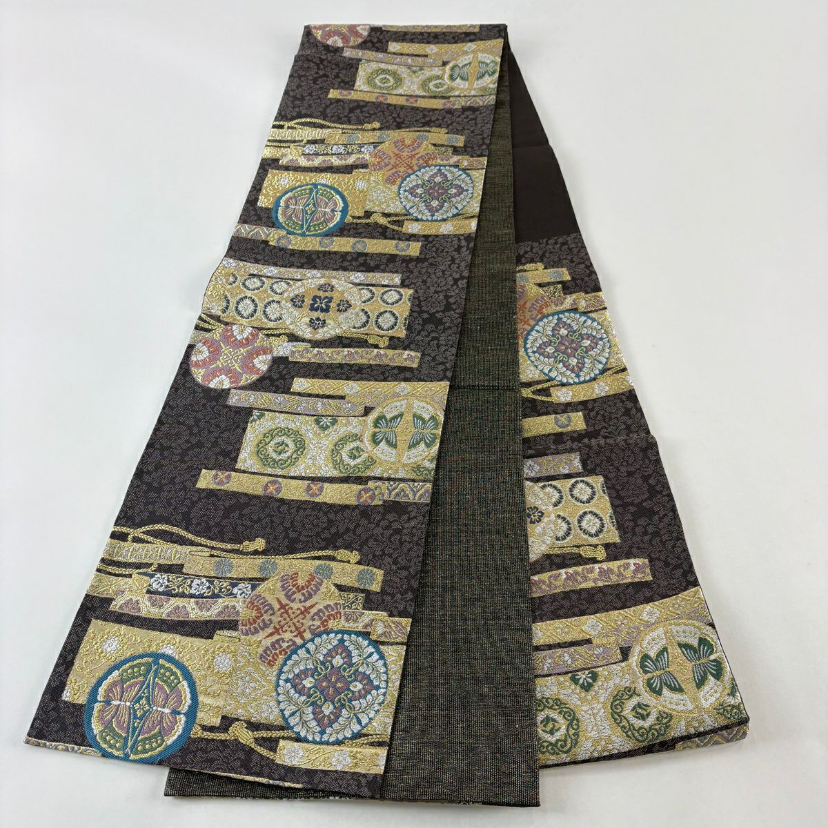 【美品】 袋帶 名品級 蝶 草花紋刺繡 金線 茶紫 六通 純蠶絲