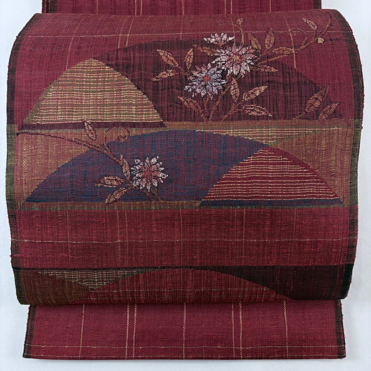 【美品】 袋帶 名品級 渡文 落款 草花紋 幾何圖案 金絲 紅 大鼓圖案 純蠶絲