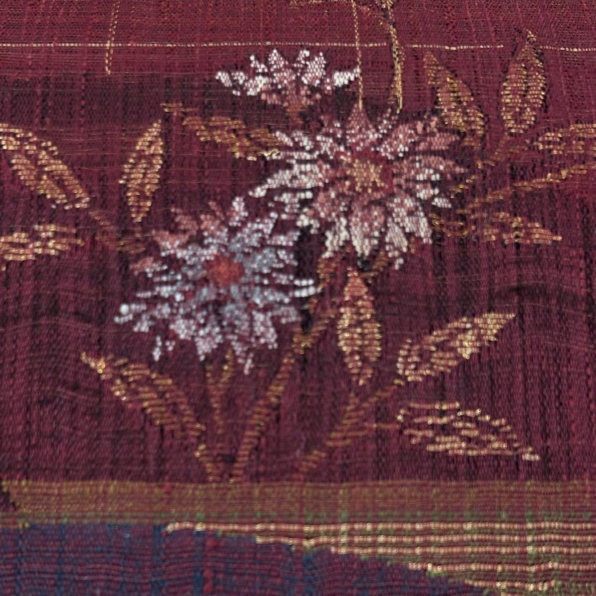 【美品】 袋帶 名品級 渡文 落款 草花紋 幾何圖案 金絲 紅 大鼓圖案 純蠶絲