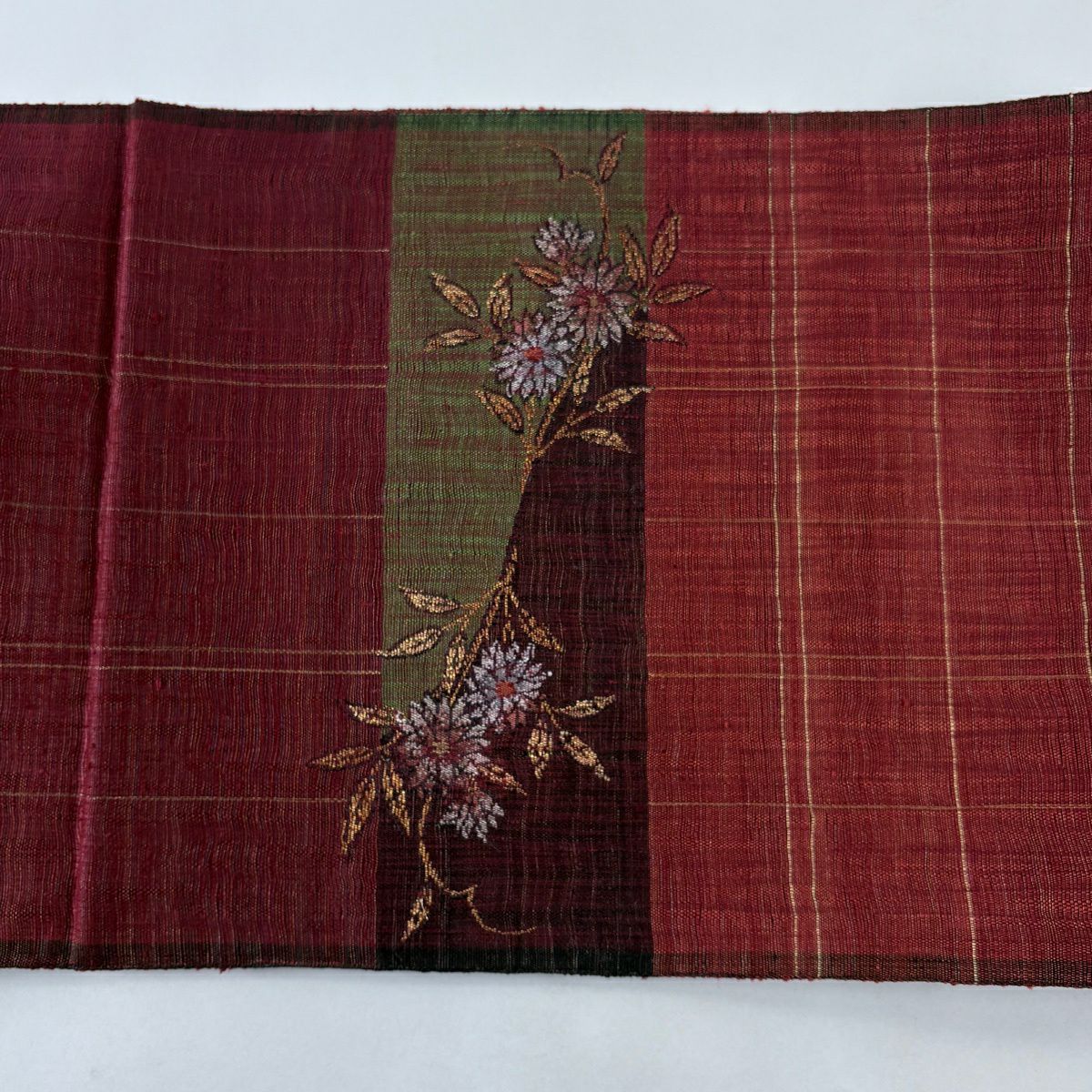 【美品】 袋帶 名品級 渡文 落款 草花紋 幾何圖案 金絲 紅 大鼓圖案 純蠶絲
