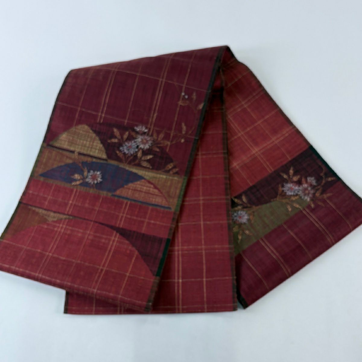 【美品】 袋帶 名品級 渡文 落款 草花紋 幾何圖案 金絲 紅 大鼓圖案 純蠶絲