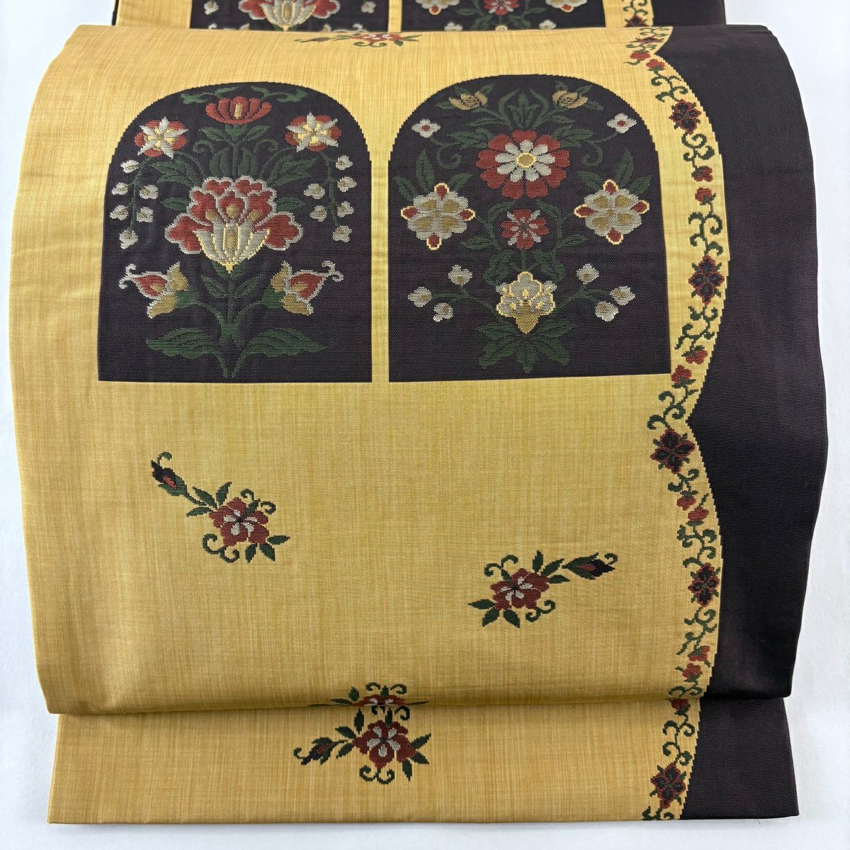 【美品】袋帶 名品級 落款あり 草花紋 黃土 深藍 六通 純蠶絲